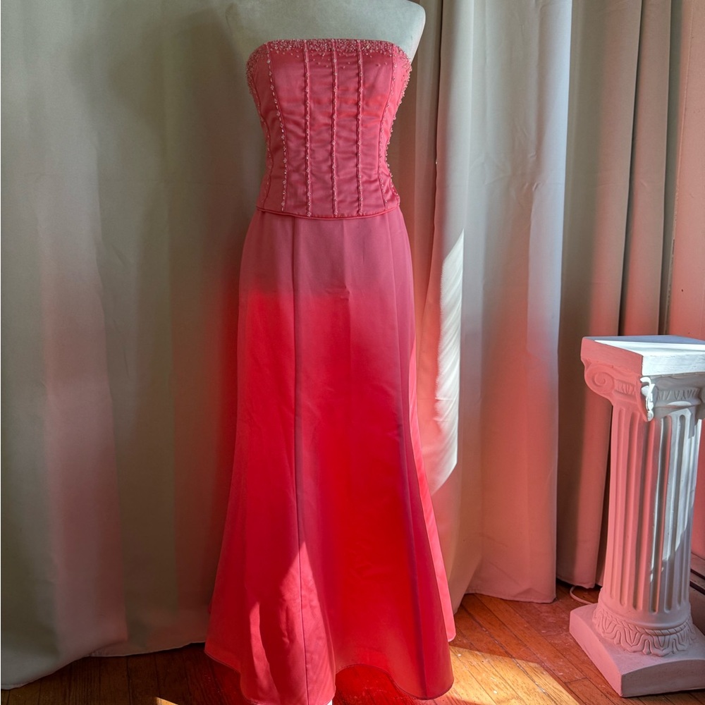 Vintage Alfred Angelo pink strapless 2 piece beaded corset and maxi skirt